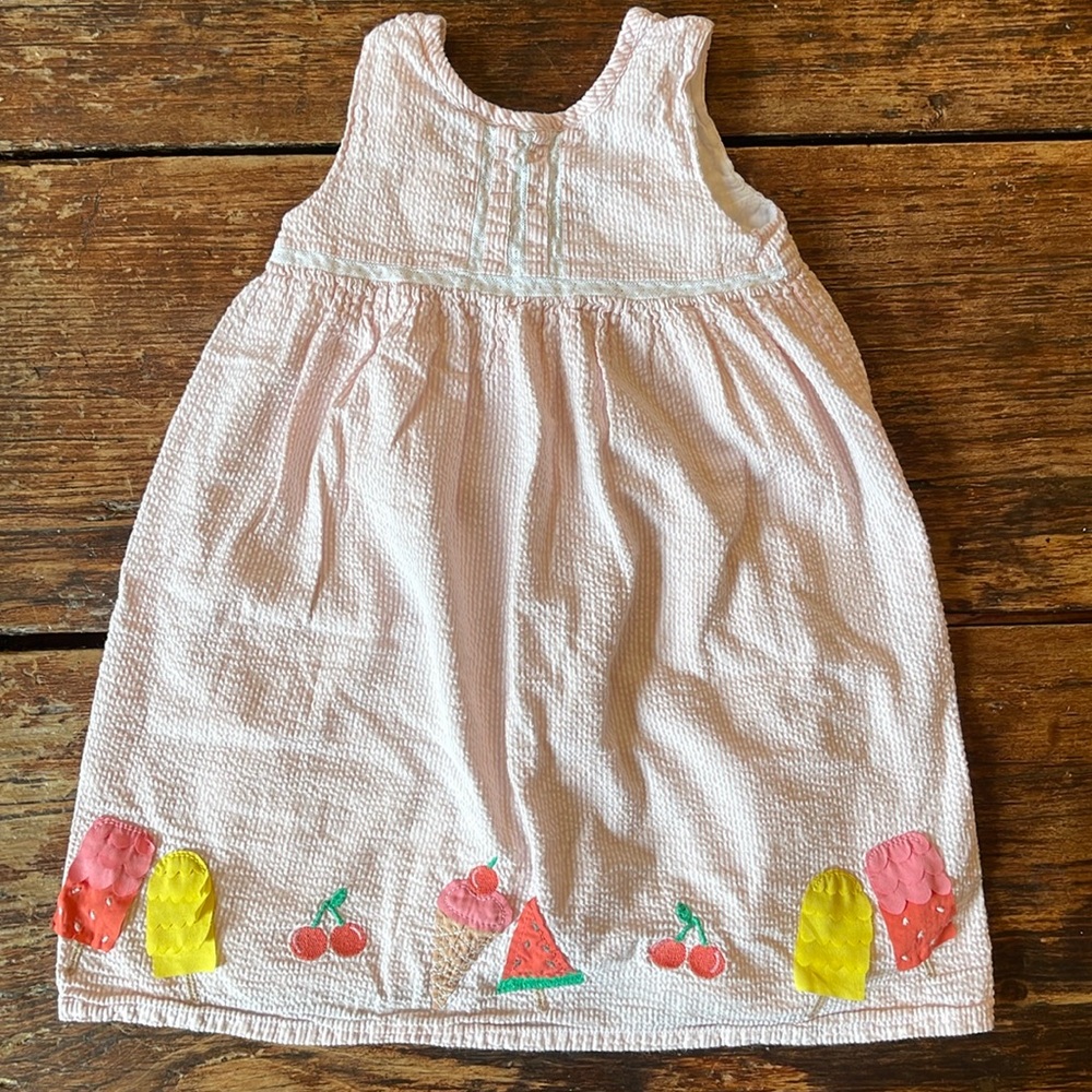 Adorable Mini Boden Pink Seersucker dress with summer popsicle and fruit